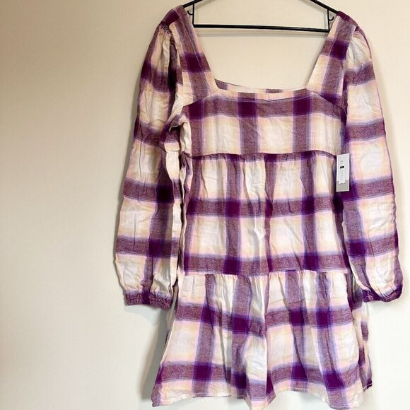 NWT BP by Nordstrom Cream + Purple Plaid Long Sleeve Square Neck Mini Dress - M - Picture 6 of 6